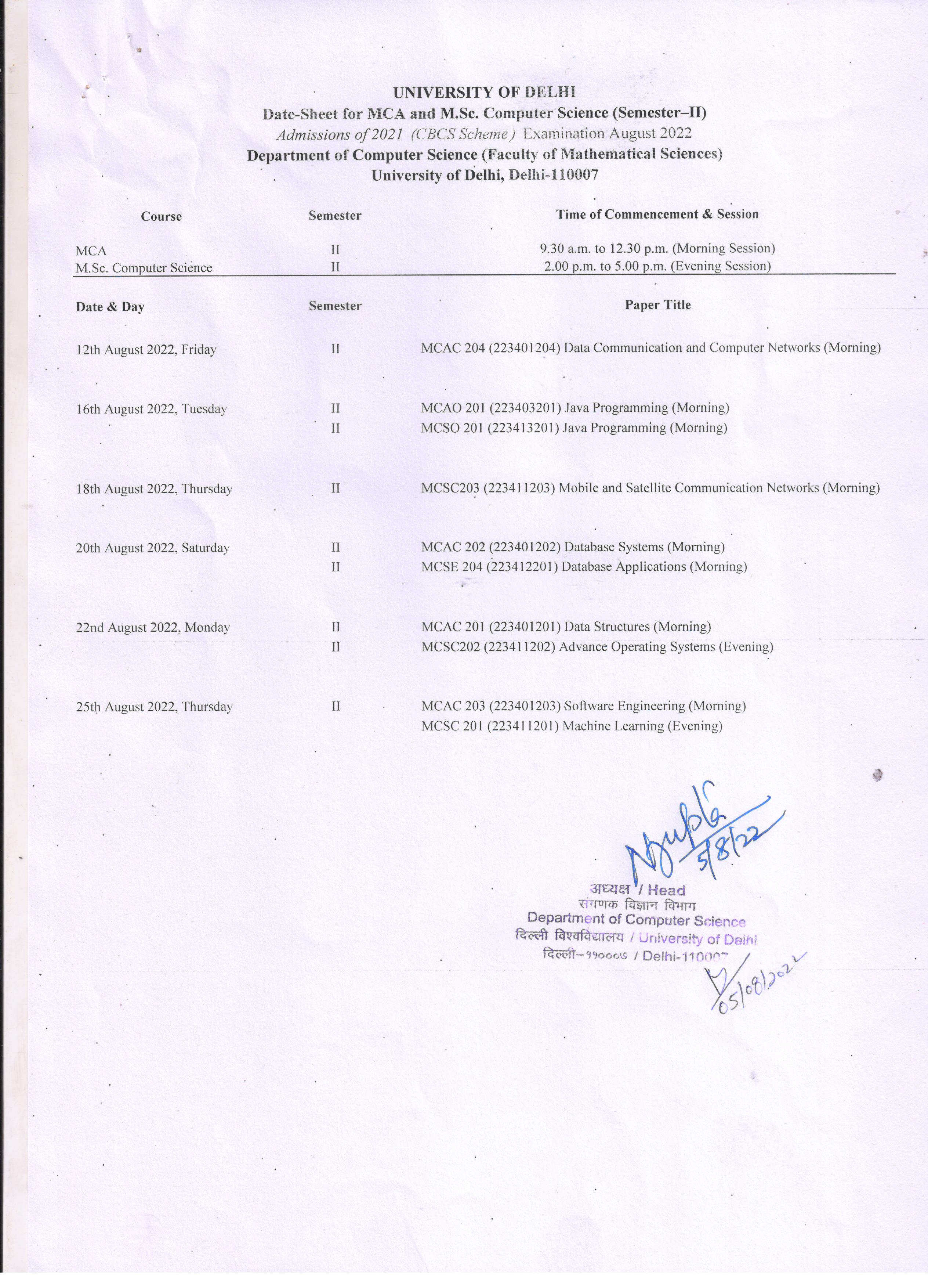 MCA - Department of Computer Science - University of Delhi